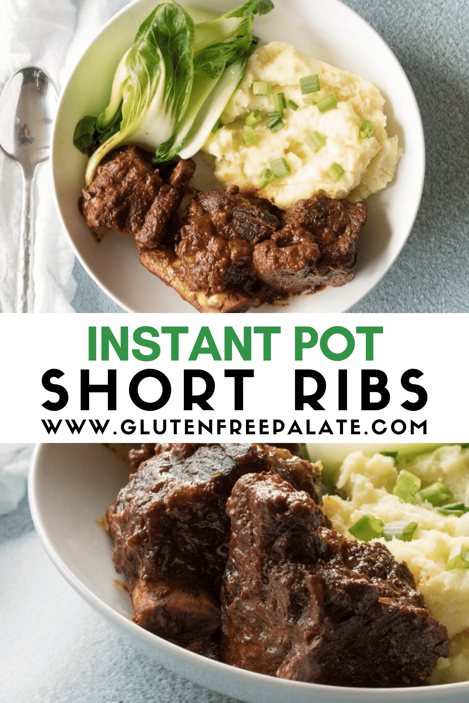 images of plated instant pot short ribs with text overlay