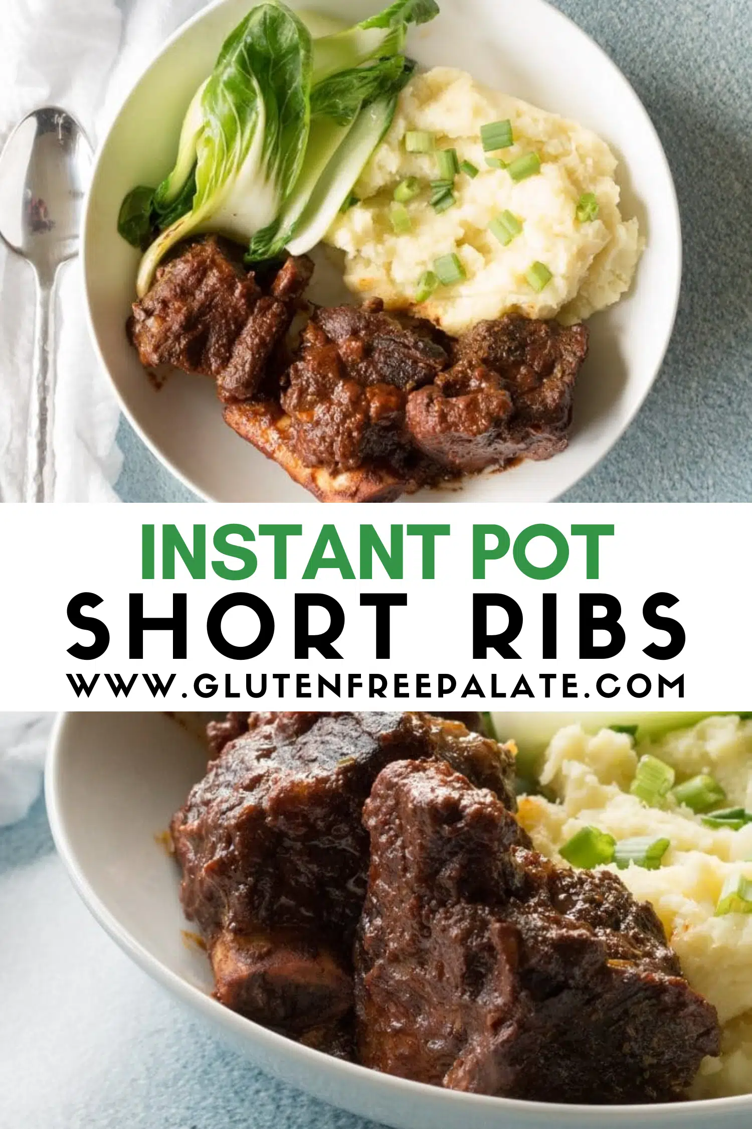 images of plated instant pot short ribs with text overlay.