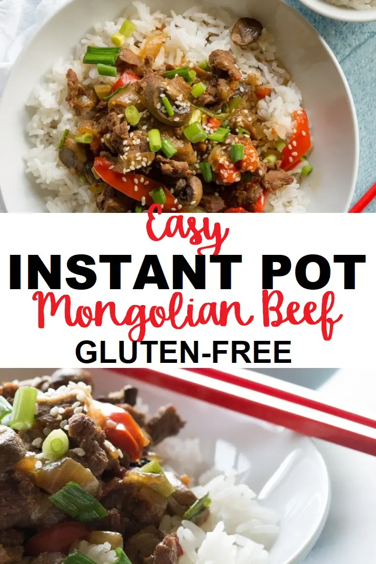 a pinterest pin collage of two photos of mongolian beef over rice with the words easy instant pot mongolian beef gluten free in the center