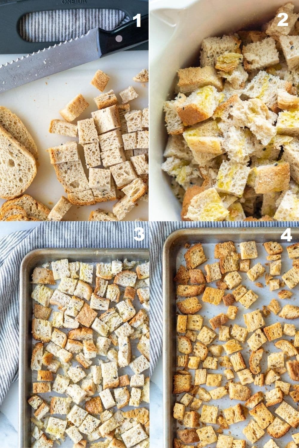 a collage of four photos showing how to make gluten free croutons