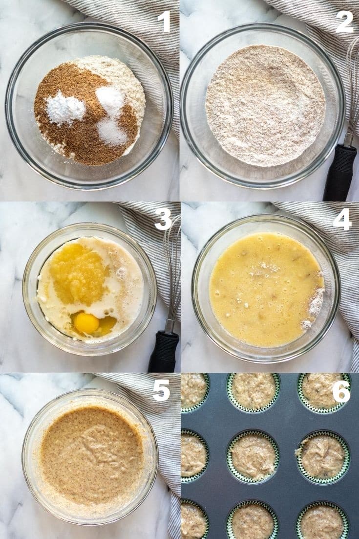 a collage of six photos showing the steps to how to make flaxseed muffins