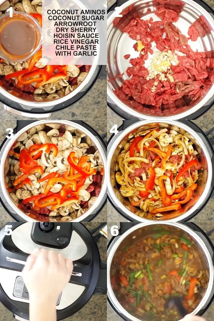 a collage of sixe photos showing the steps how to make instant pot mongolian beef
