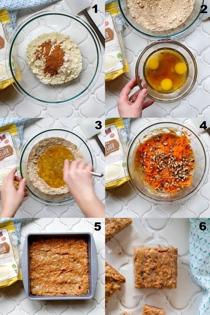 a collage ofsix photos showing how to make paleo carrot bars