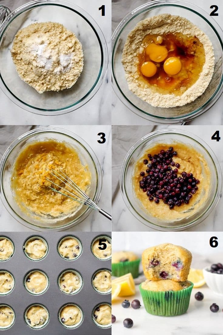 a collage of six photos showing how to make Paleo Blueberry Muffins