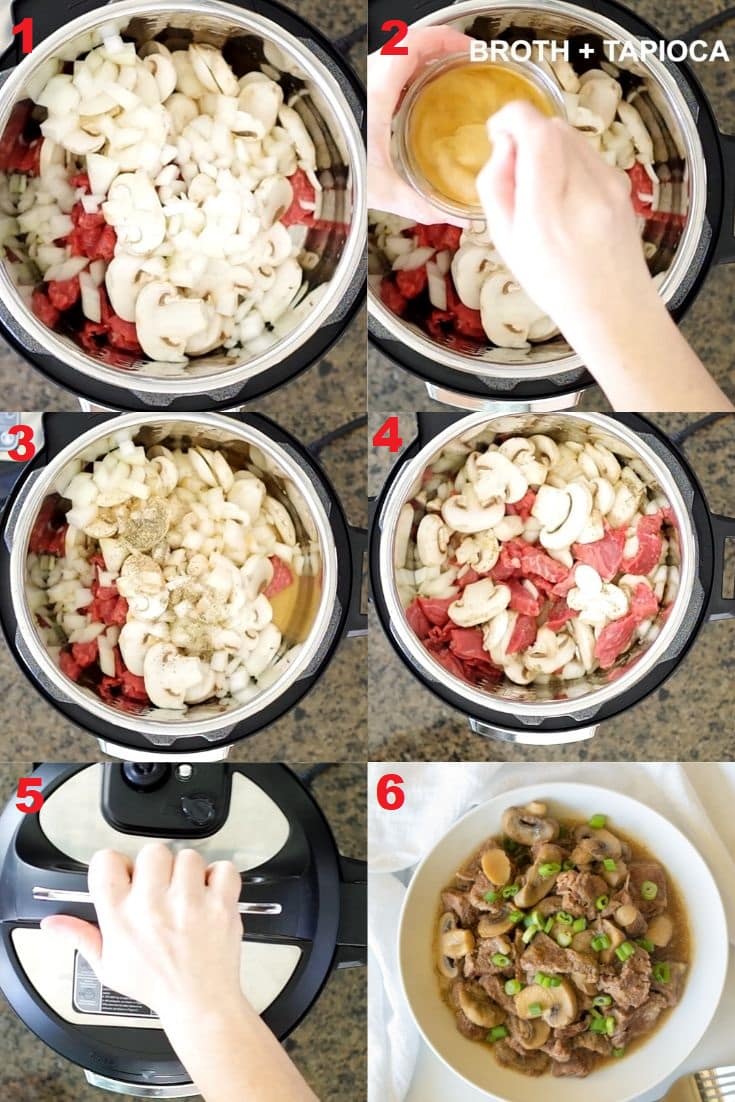 a collage of six photos showing how to make beef tips in the instant pot