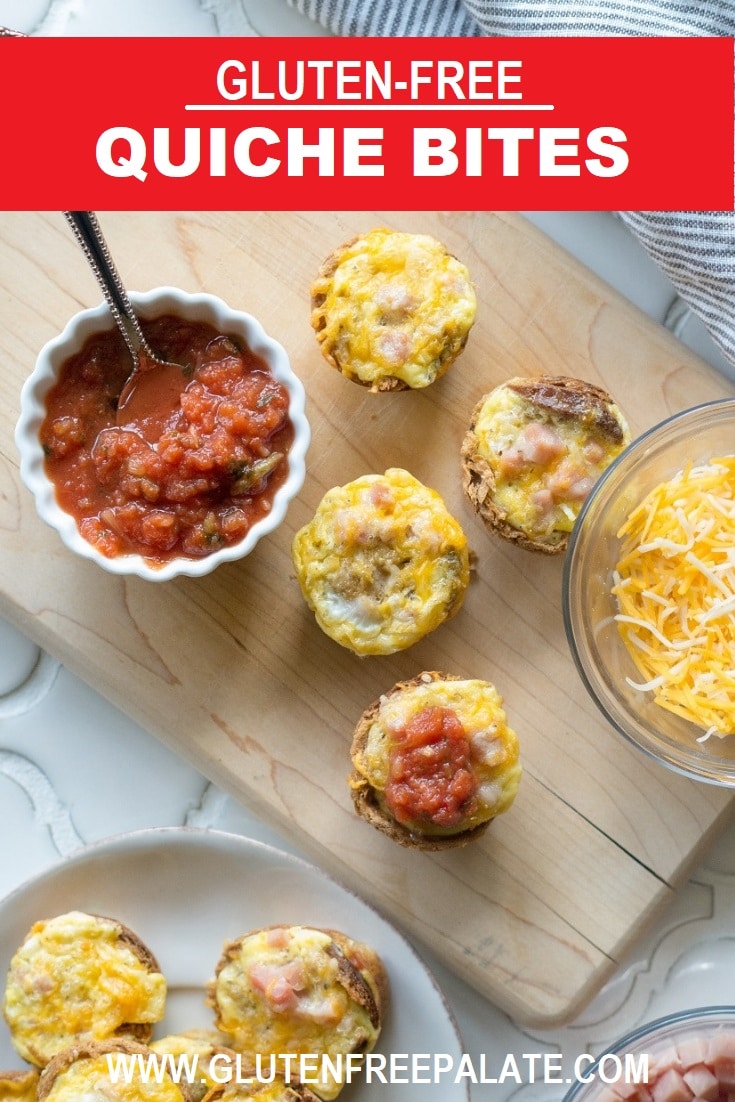 pinterest pin of mini quiche on a cutting board with a bowl of salsa with the words gluten free quiche bites at the top