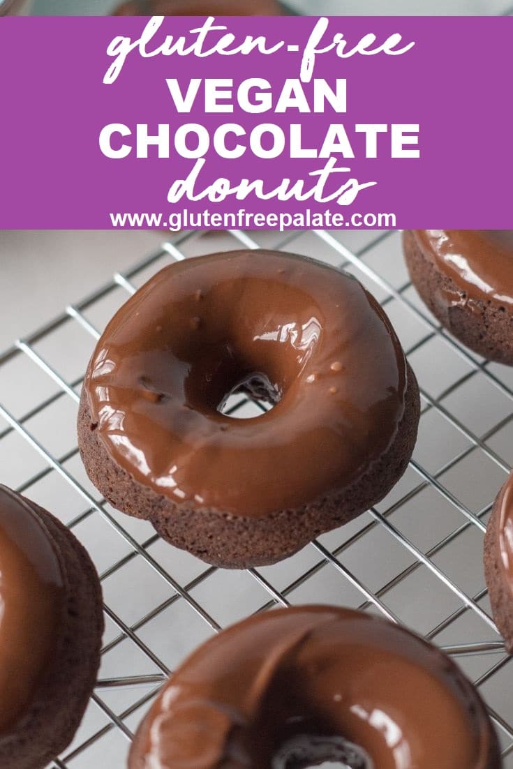 close up of a chocolate donut with a chocolate glaze on a wire rack with the words gluten free vegan chocolate donuts written on top