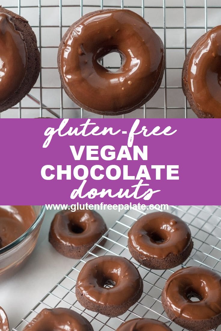 collage photo of chocolate donuts with a chocolate glaze on top, the words gluten free vegan chocolate donuts in the center, and donuts on a wire cooling rack on the bottom
