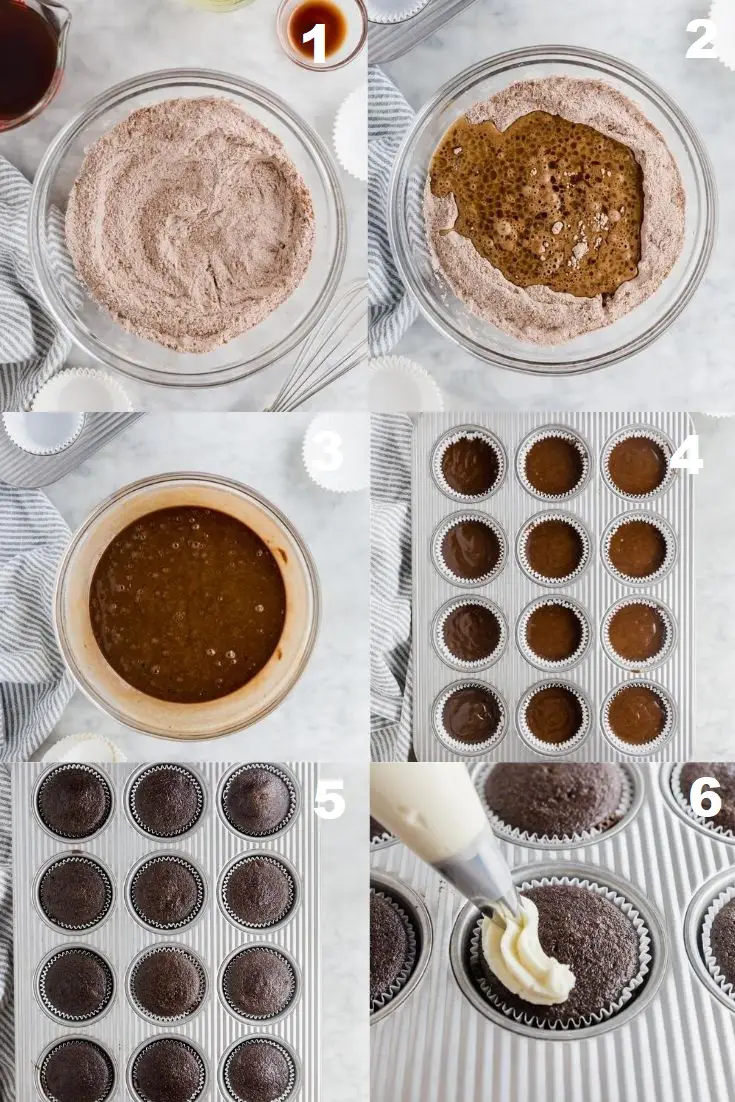 a collage of six photos showing how to make gluten free vegan chocolate cupcakes