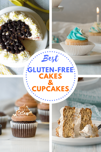 A collage of four cake and cupcake photos with the words Best Gluten-Free Cake and Cupcake Recipes in the center