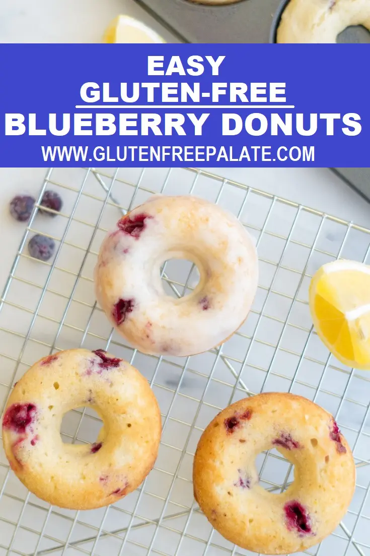 blueberry donuts topped with a white glaze on a wire rack with the words easy gluten-free blueberry donuts at the top