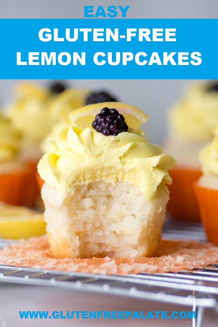 a pinterest pin of a close up of a lemon cupcake with a bite out topped with yellow frosting and a blackberry with the words easy gluten free lemon cupcakes at the top