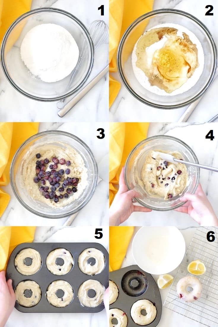 a collage of six photos showing how to make Gluten-Free Blueberry Donuts