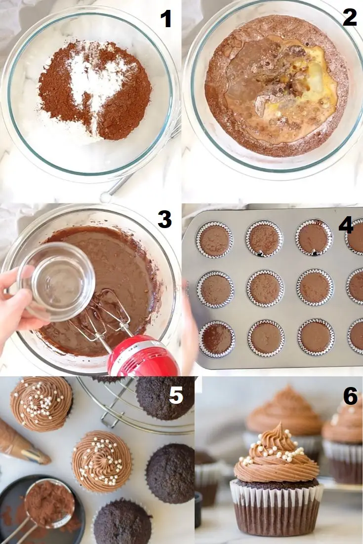 a collage of six photos showing how to make gluten free chocolate cupcakes