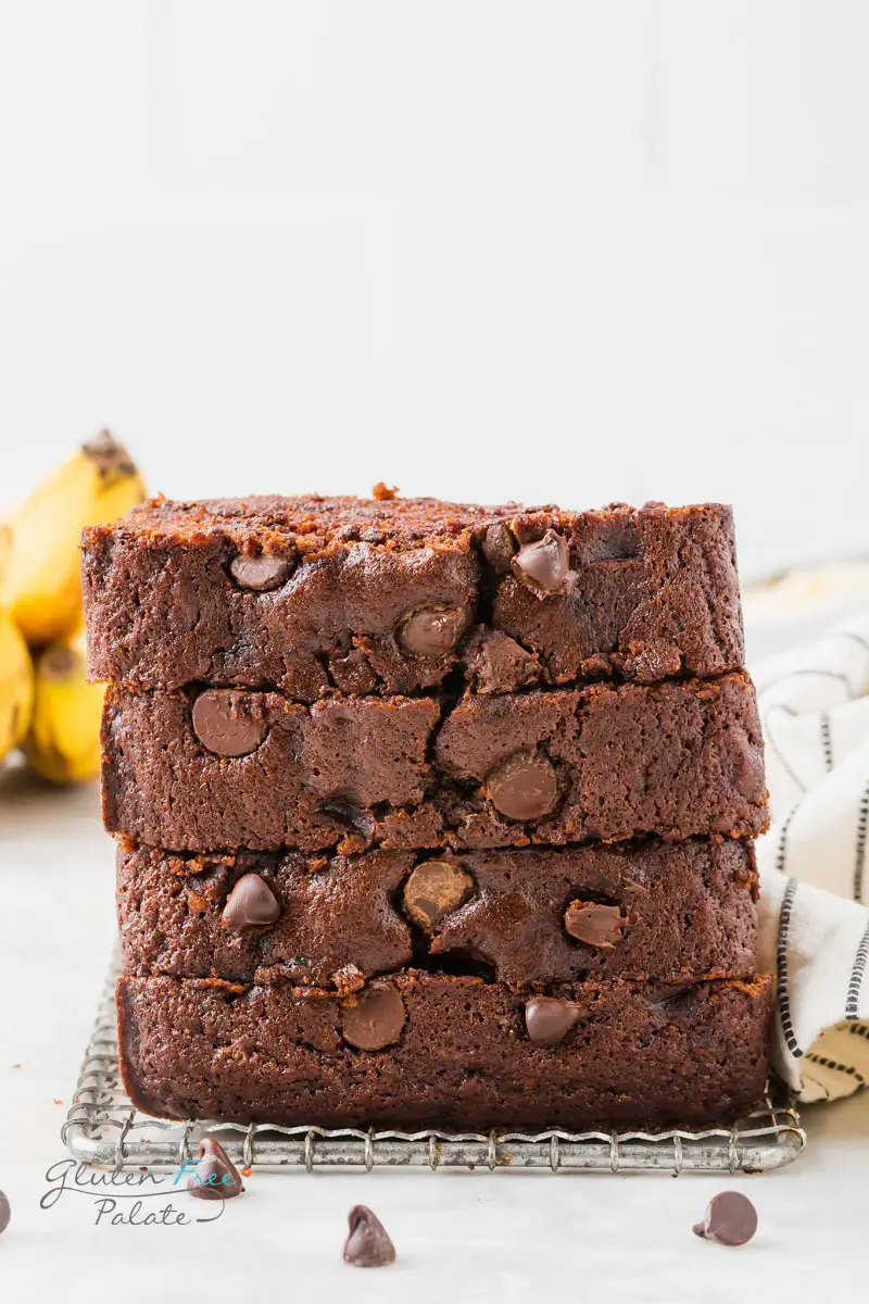 slices of gluten free chocolate banana bread stacked