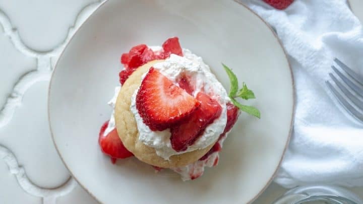 top view of Gluten-Free Strawberry Shortcake with whipped cream and fresh strawberries