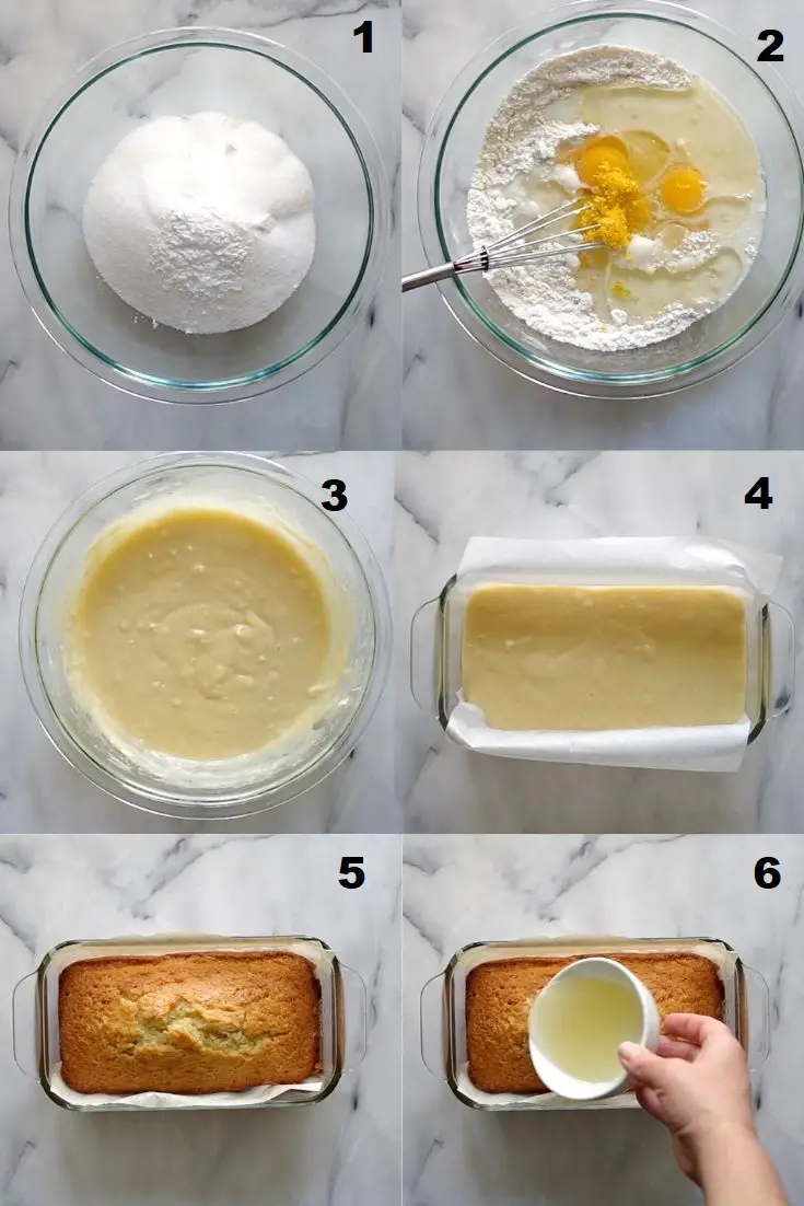 a collage of six photos showing the steps for making gluten-free lemon pound cake