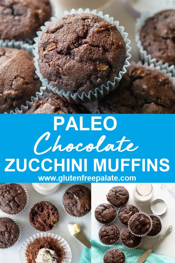 Pinterest Collage using three photos of muffins at different angles with the words paleo chocolate zucchini muffins written in the middle