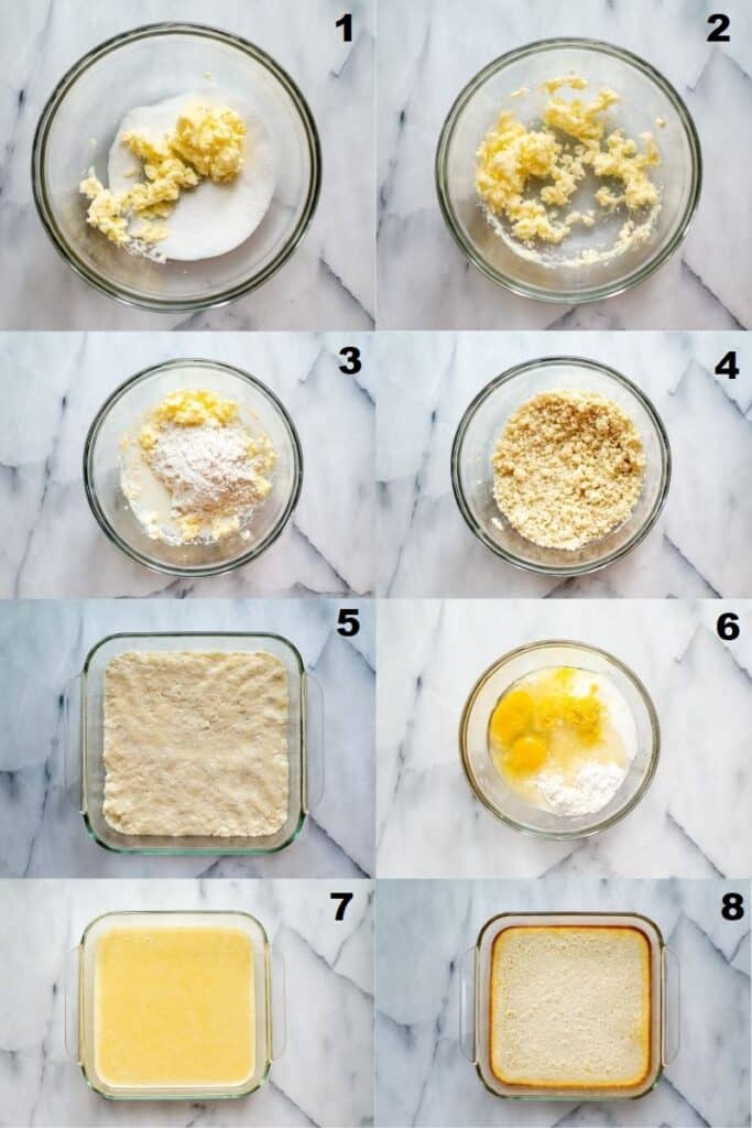 A collage of eight photos showing how to make gluten-free lemon bars.