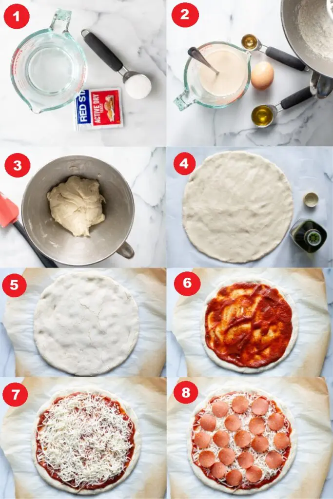 a collage of eight photos showing the eight steps to making gluten-free pizza dough crust.