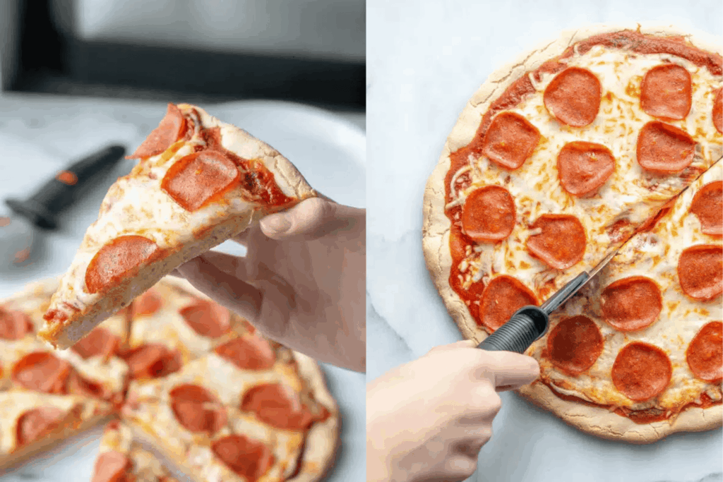 Gluten-free pizza crust shown with side by side images.