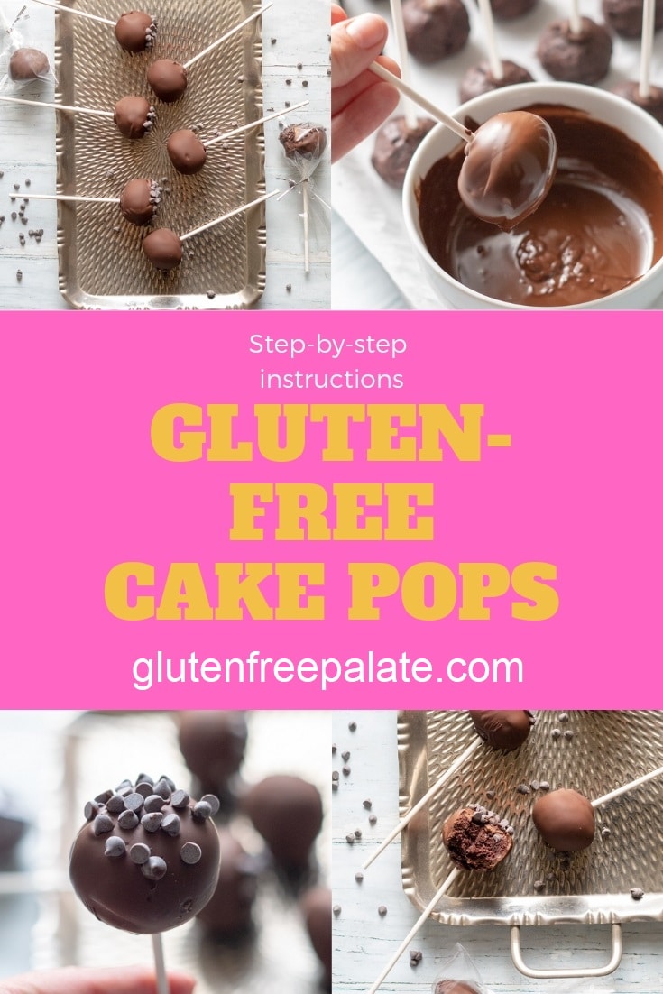 a pinterest pin collage of four photos of cake pops with the words step-by-step instructions gluten free cake pops written in the center