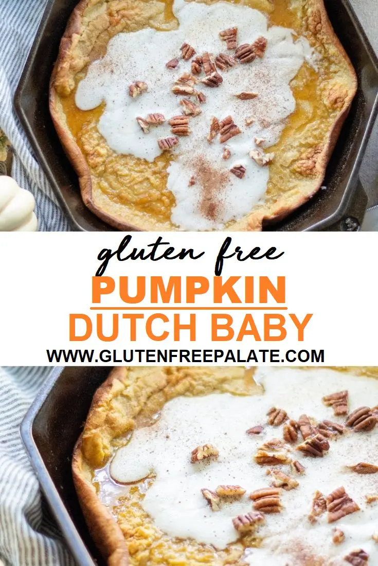 pinterest pin of a dutch baby in a cast iron skillet with the words gluten free pumpkin dutch baby written in the center