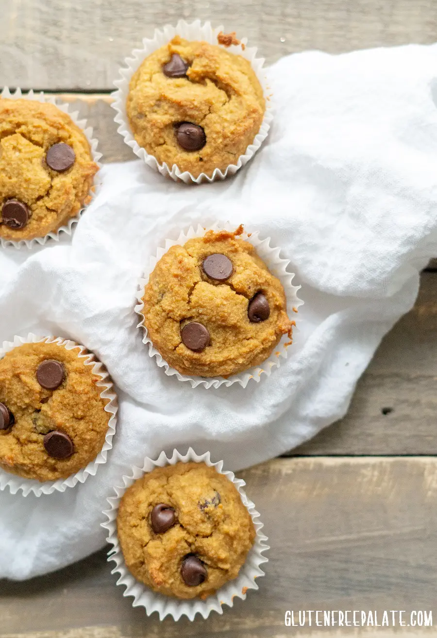 top down view of paleo pumpkin muffins with chocolate chips on a white kitchen towel
