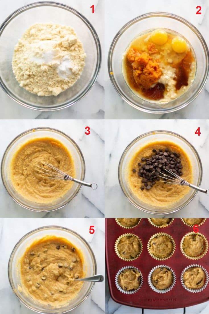 a collage of six photos showing the steps on how to make paleo pumpkin muffins