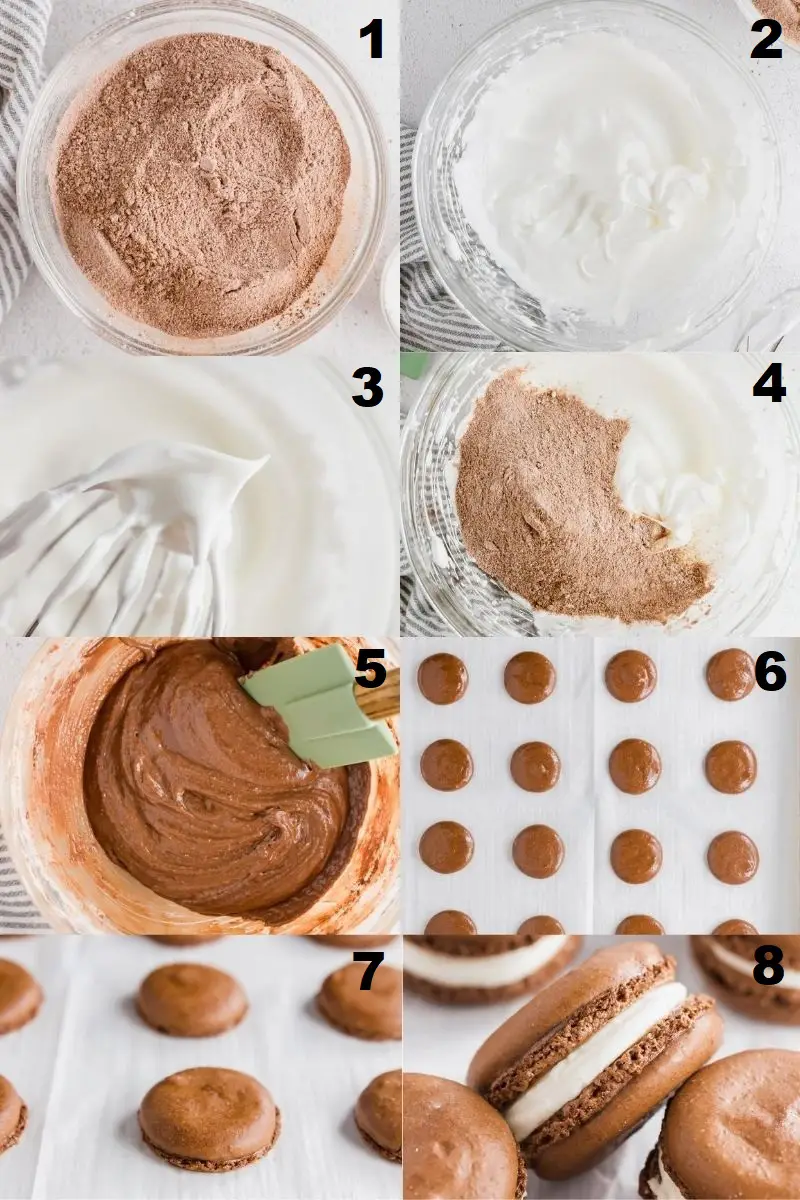 a collage of eight photos showing the steps how to make gluten free macarons