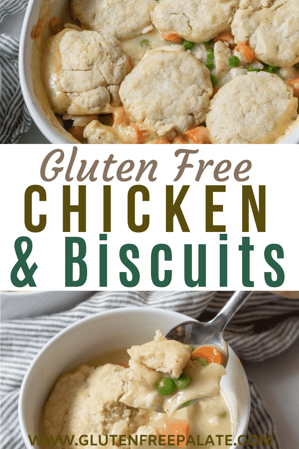 pinterest pin collage of two photos of gluten free chicken and biscuits