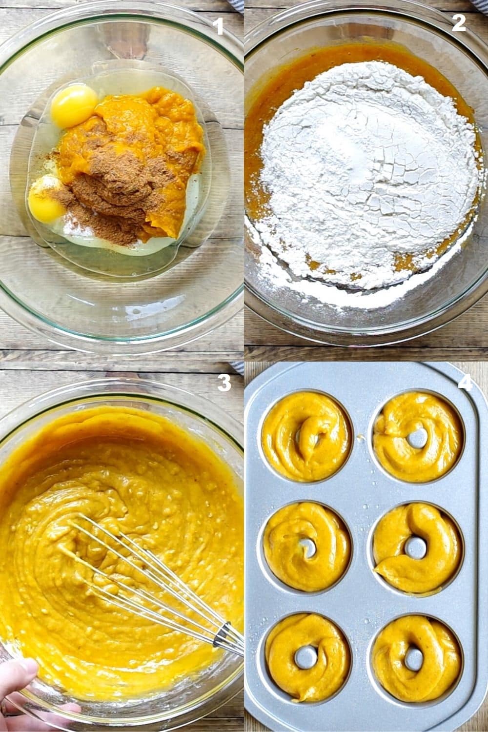 a collage of four photos showing the steps how to make gluten free pumpkin donuts