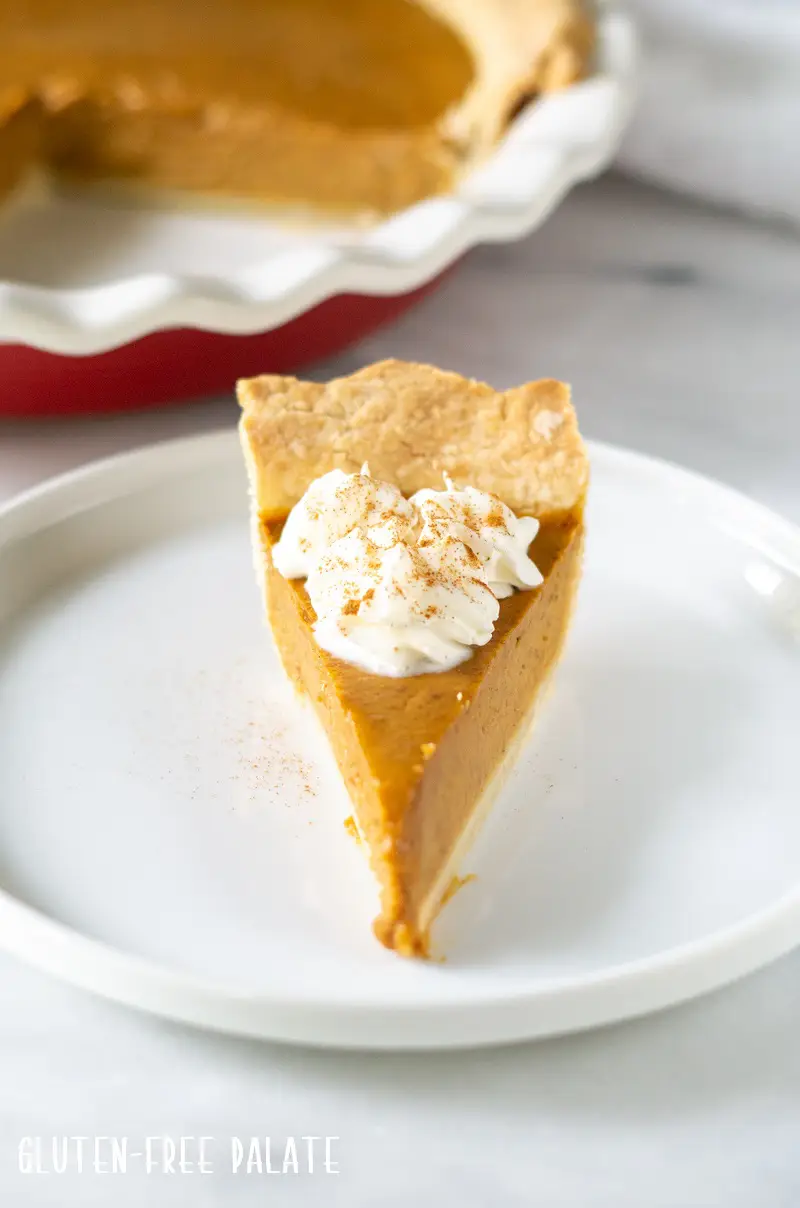 front on view of a slice of gluten-free pumpkin pie with whipped cream on top