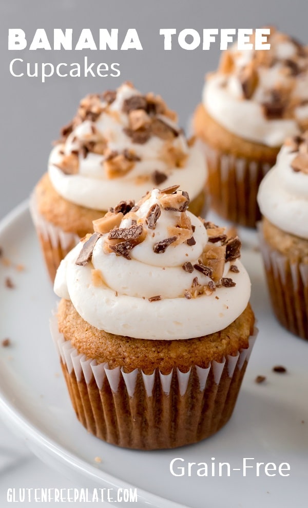 a pinterest pin image of cupcakes with white frosting with the words banana toffee cupcakes written on top