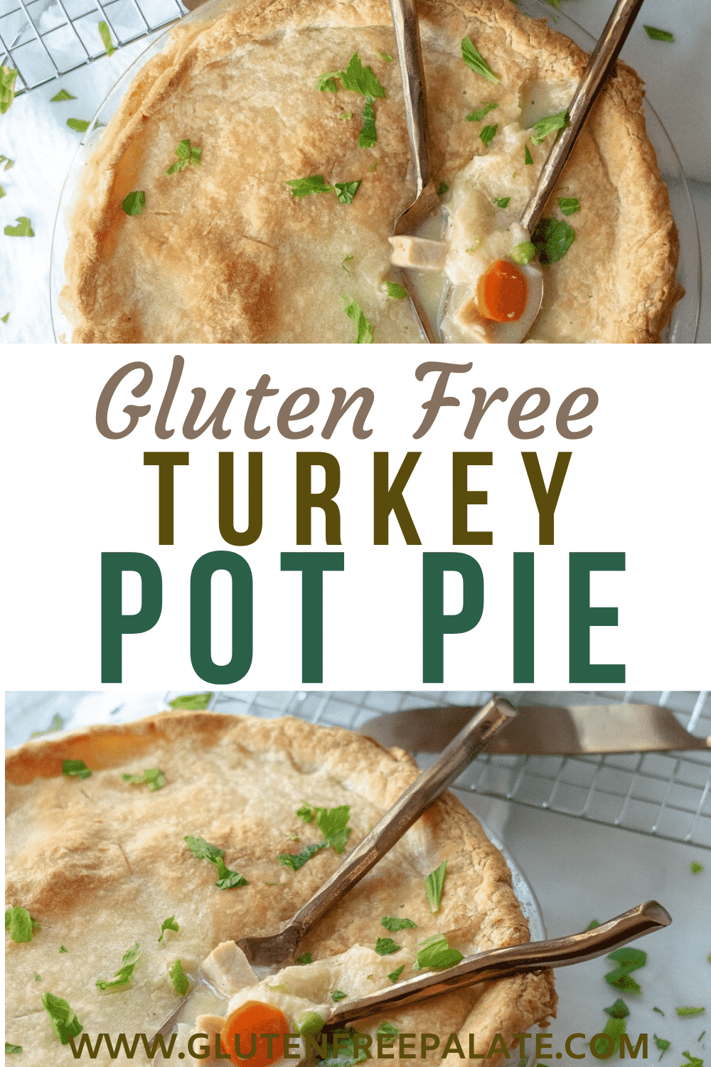 pinterest pin of two photos of turkey pot pie with text in the center