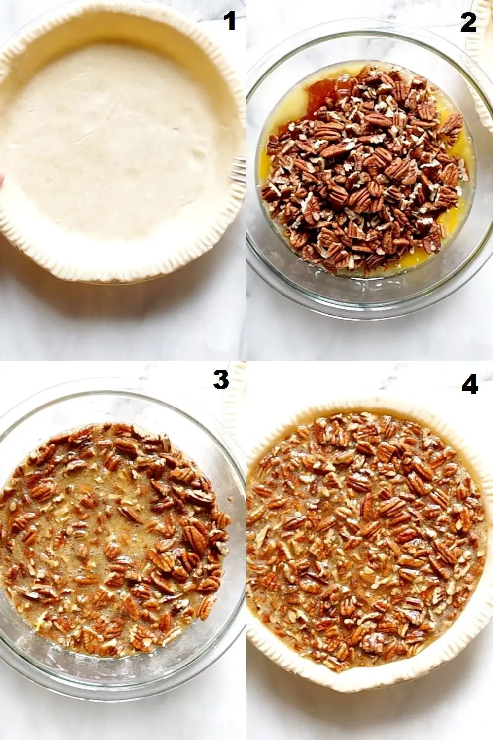 a collage of four photos showing how to make gluten free pecan pie