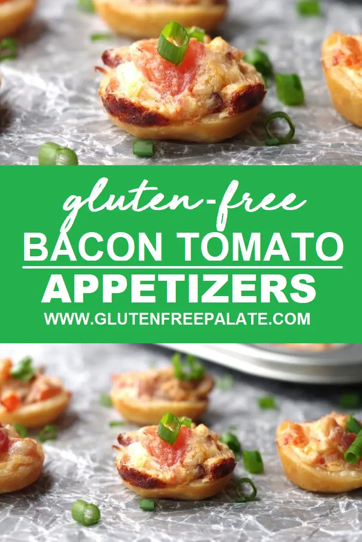 collage photo of gluten free appetizer crusts with bacon and green onion, the words gluten free bacon tomato apperizers in the center, and more crusts with bacon and cheese on the bottom