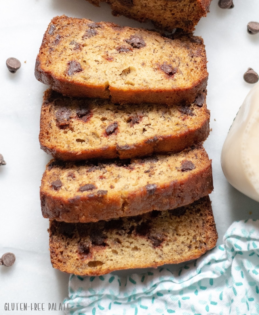 slices of Gluten-Free Banana Bread with scattered chocolate chips
