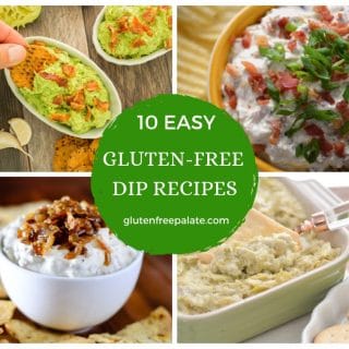 a collage of four images of gluten free dips with 10 easy gluten-free dip recipes written in the center