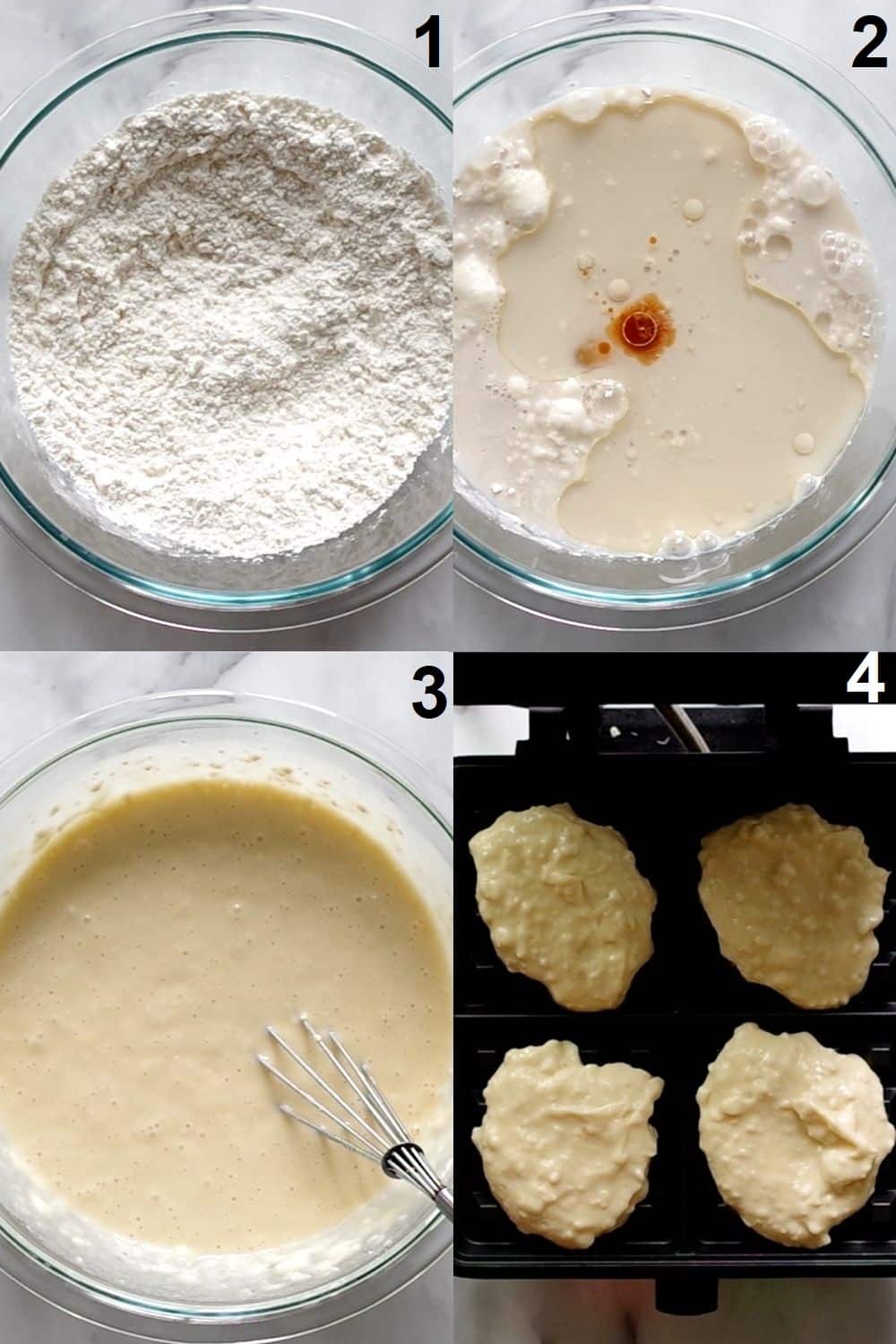 4 photos showing the steps to make gluten free waffles