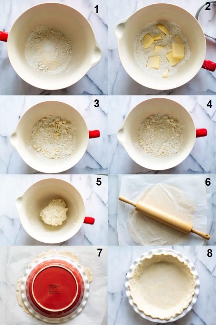 a collage of eight photos showing the steps on how to make gluten free pie crust