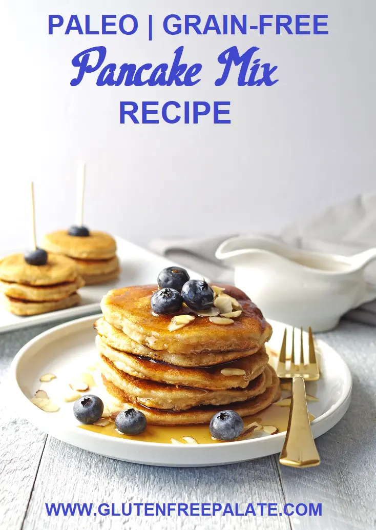 a pinterest pin with pancakes stacked on a white plate, topped with blueberries and maple syrup