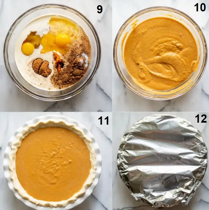 a collage of four photos showing the last four steps on how to make gluten-free pumpkin pie