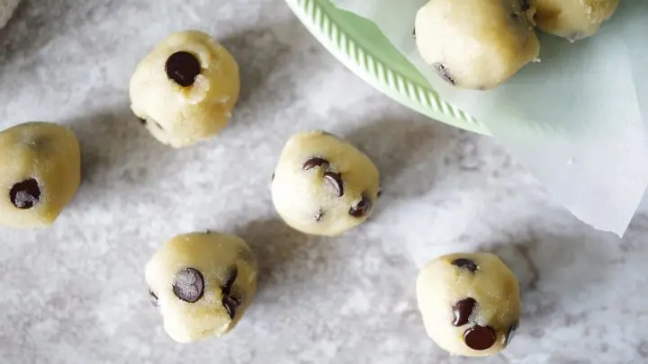 chocolate cookie dough bites on a marble counter