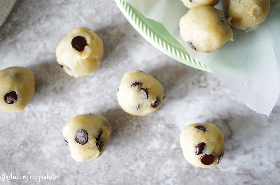 chocolate cookie dough bites on a marble counter