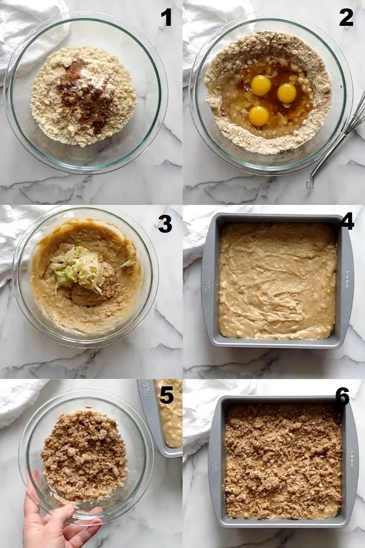 a collage of six images showing the steps to make paleo apple cake