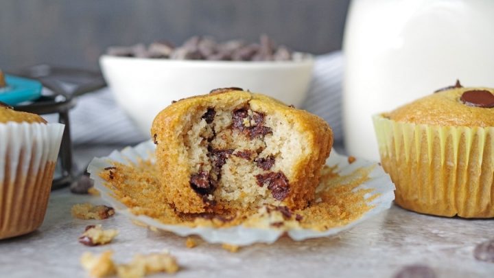 a paleo chocolate chip muffin sitting on a muffin wrapper with a bite out of it