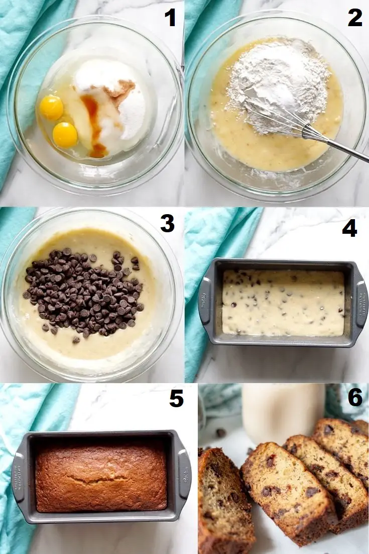 a collage of photos showing the six steps on how to make gluten free banana bread