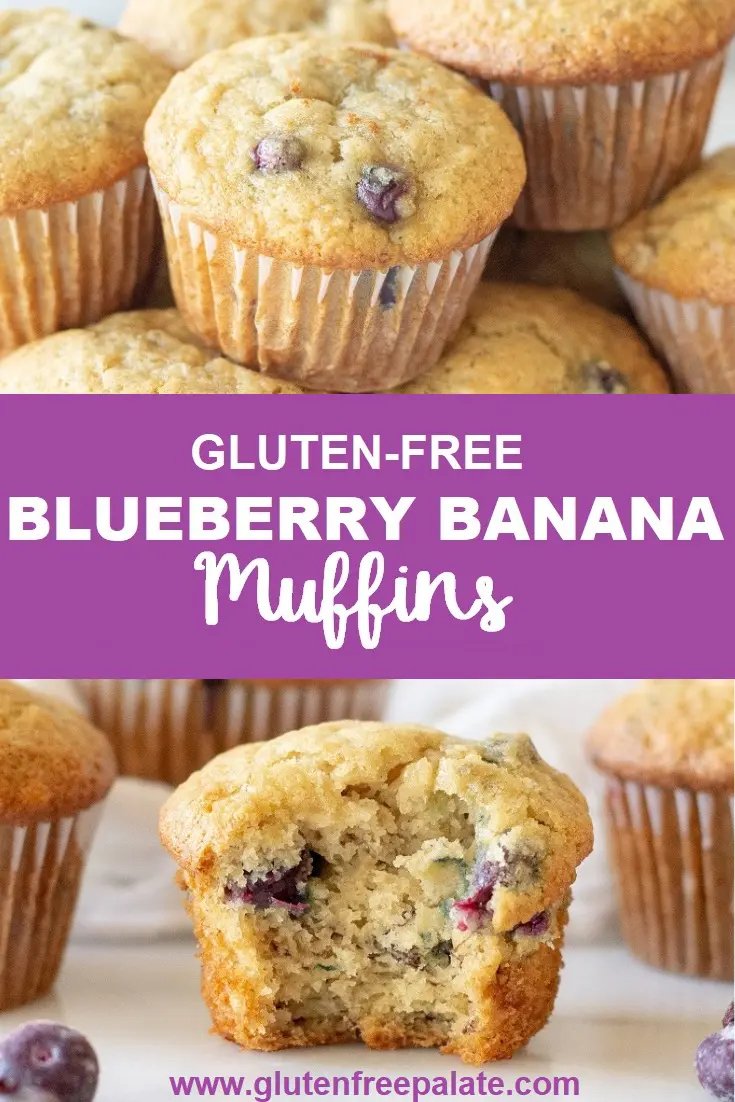 a collage of two photos, one with muffin on top of other muffins, the other is a muffin with a bite out, with the words gluten free blueberry banana muffins in text in the center