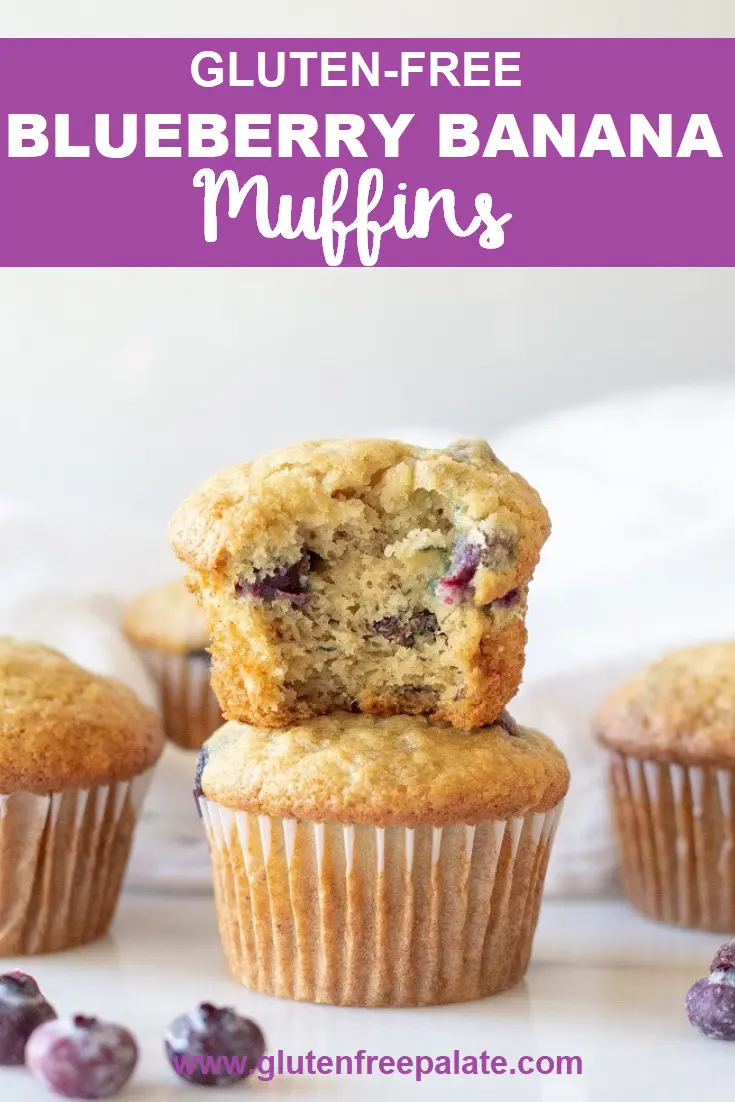 A gluten-free blueberry banana muffin with a bite taken out stacked on a muffin with the words gluten free blueberry banana muffins in text at the top